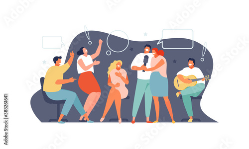 Cheerful group of singing and dancing friends at a home party. Recreation and leisure vector illustration
