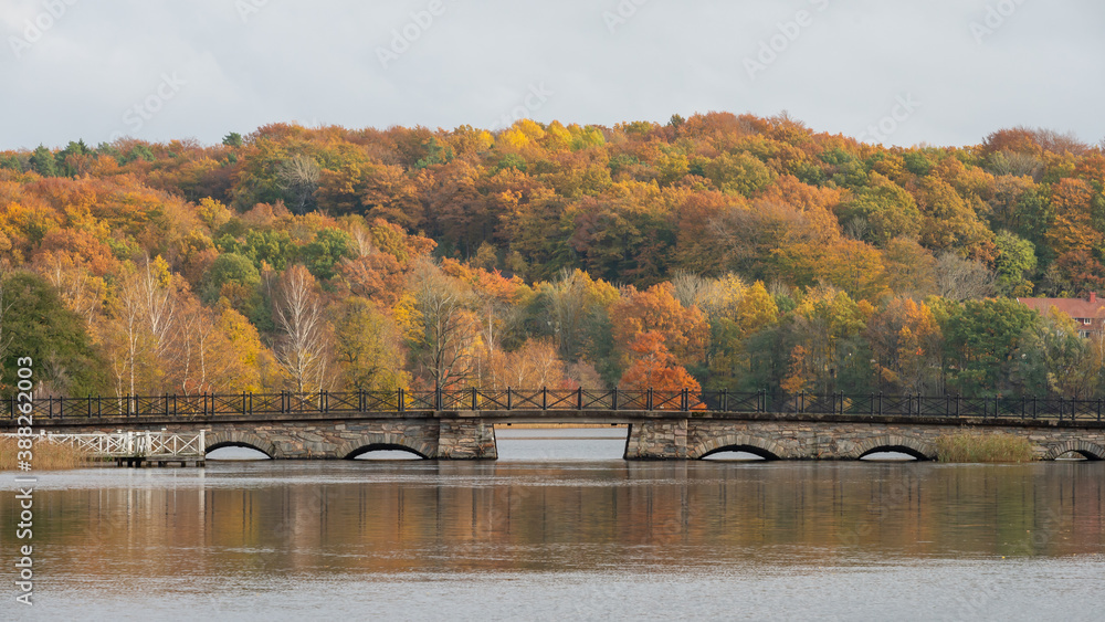 Autumn landscape, trees with foliage in colorful autumn colors and a stone bridge. Photography taken in October in Sweden. Cloudy sky and calm water, copy space and place for text. Autumn landscape, trees with foliage in colorful autumn colors and a stone bridge. Photography taken in October in Sweden. Cloudy sky and calm water, copy space and place for text.
