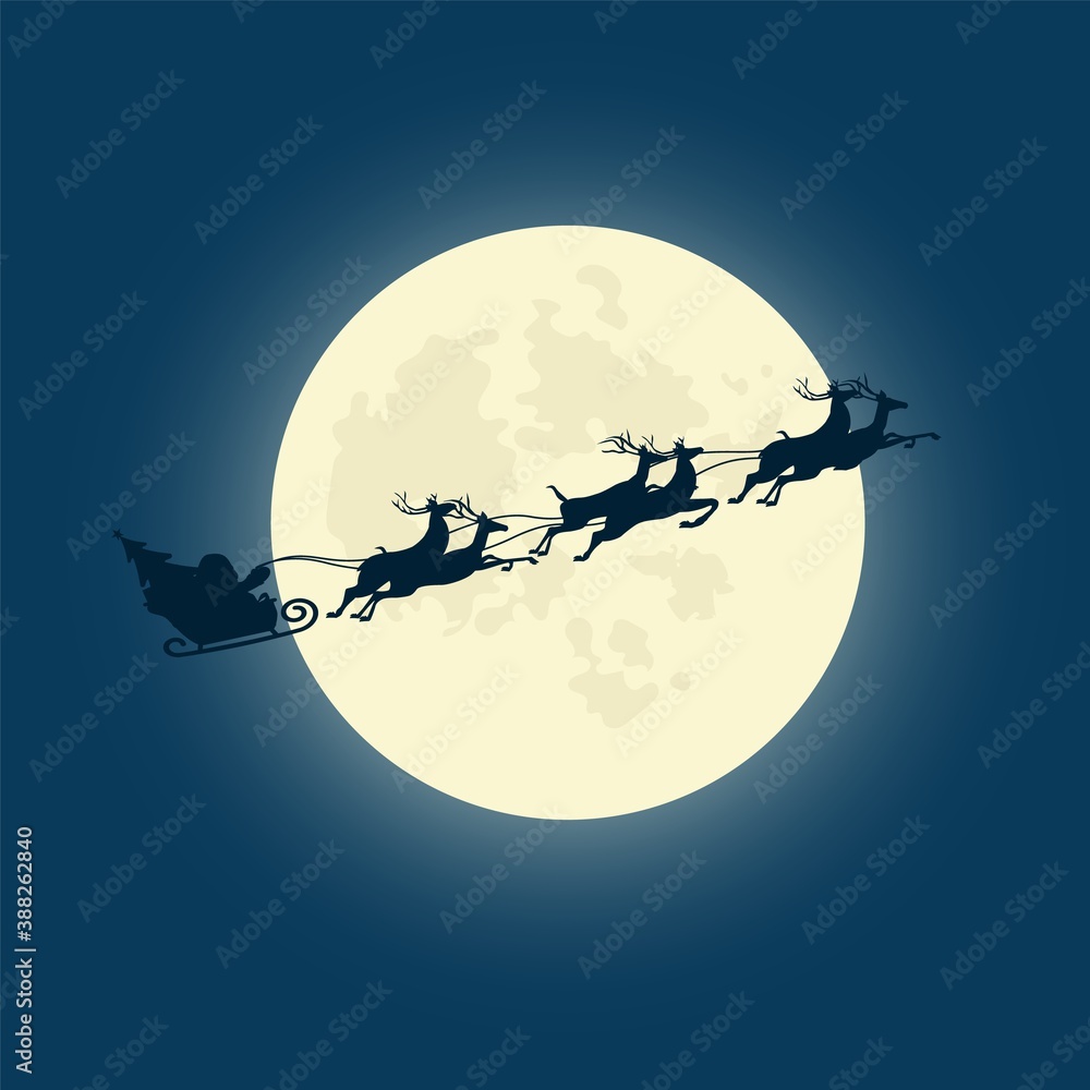 Silhouette illustration of Santa Claus driving his sleigh with the moon as the background. Vector illustration