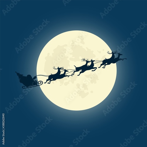 Silhouette illustration of Santa Claus driving his sleigh with the moon as the background. Vector illustration