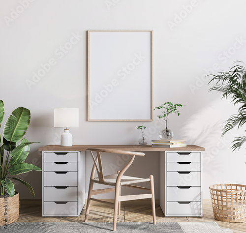 mock up frame in bright farmhouse interior background, wooden office, 3d render