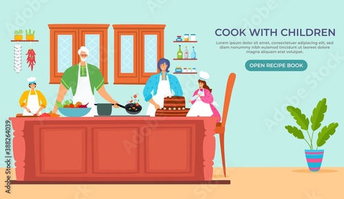 Cooking together with daughter  mother  father character vector illustration. Preparation graphic household education for kid  hobby preparing website poster. Happy family at kitchen  recipe book.