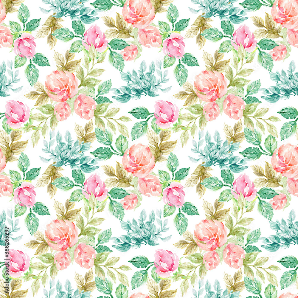 Roses, flowers, leaves, branches foliage Floral vintage splash seamless pattern illustration watercolor hand paint For design textiles, paper, wallpaper