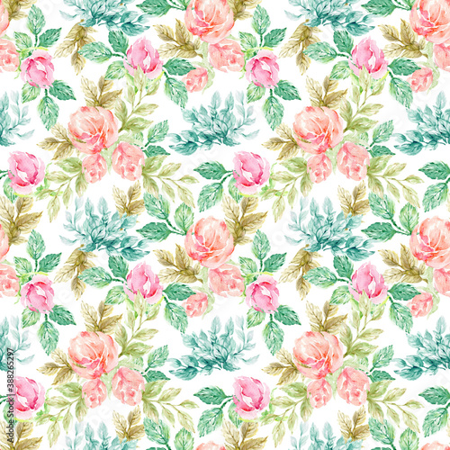 Roses, flowers, leaves, branches foliage Floral vintage splash seamless pattern illustration watercolor hand paint For design textiles, paper, wallpaper