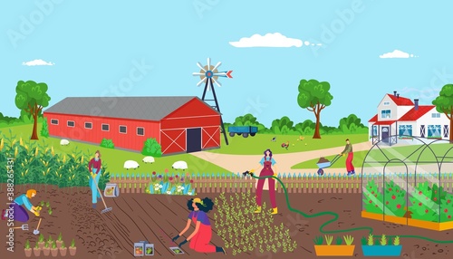 Group teamwork community, cooperation growth and produce team worker vector illustration. Graphic hobby, job together and eco gathering outside. People man woman standing outside, working.