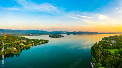 West Lake Leifeng Pagoda scenery in Hangzhou at sunrise China.Aerial view.