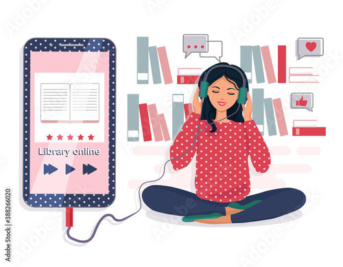 A woman listens to an audiobook. The concept of online learning. Electronic library. Vector illustration.