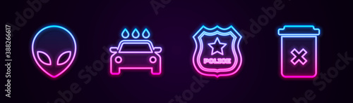 Set line Alien, Car wash, Police badge and Trash can. Glowing neon icon. Vector.