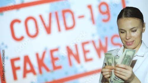 A beautiful girl gets money and profits, gets the latest information about the epidemic when she finishes the pandemic and lockdown, covid 19 fake news