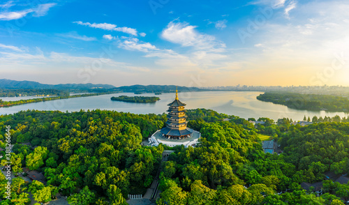 Photography West Lake Leifeng Pagoda scenery in Hangzhou at sunrise,China