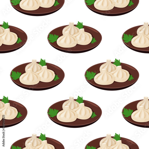 Traditional Georgian dish Khinkali background. Meat dumplings vector realistic seamless pattern.