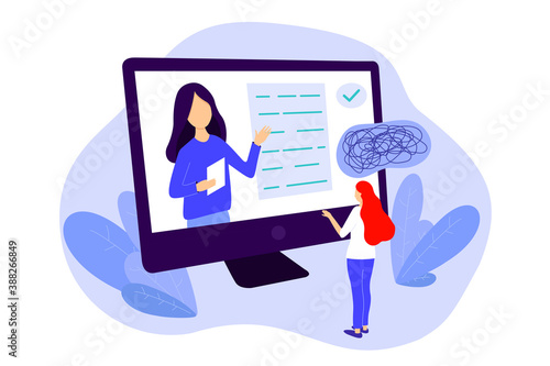 Online psychology consultation via internet concept. Remote psychological assistance flat style vector illustration. 