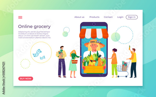 Grocery delivery online, buy product on shop store internet service vector illustration. Retail shopping with good farm product, sale for customer in cyberspace. Commerce eco marketing.