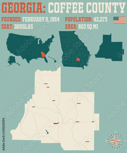 Large and detailed map of Coffee county in Georgia, USA.
