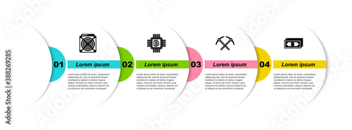 Set line ASIC Miner, CPU mining farm, Crossed pickaxe and Cryptocurrency bitcoin. Business infographic template. Vector.