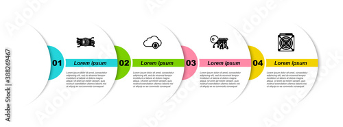 Set line Cryptocurrency bitcoin in circuit, cloud mining, key and ASIC Miner. Business infographic template. Vector.