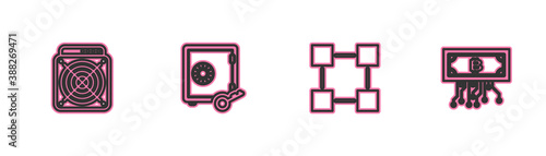 Set line ASIC Miner, Blockchain technology, Proof of stake and Cryptocurrency bitcoin with circuit icon. Vector.