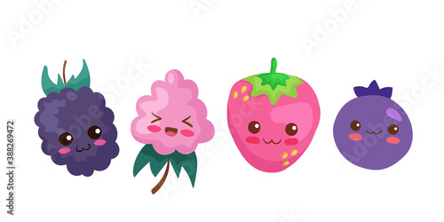 Cute stock vector illustration with Mix Berries. Kawaii happy smiling berry characters isolated on white with lettering. Food doodle for card, print. Blackberry, Raspberry, Strawberry & Blueberry.