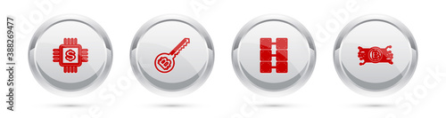 Set line Processor chip with dollar, Cryptocurrency key, Mining farm and bitcoin circuit. Silver circle button. Vector.