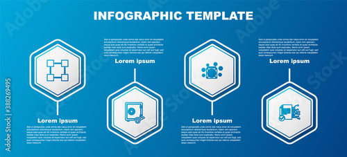 Set line Blockchain technology, Proof of stake, ASIC Miner and Smart contract. Business infographic template. Vector.