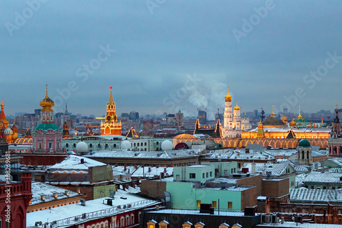 Top view of winter evening Moscow. Moscow Kremlin, Red Square, GUM