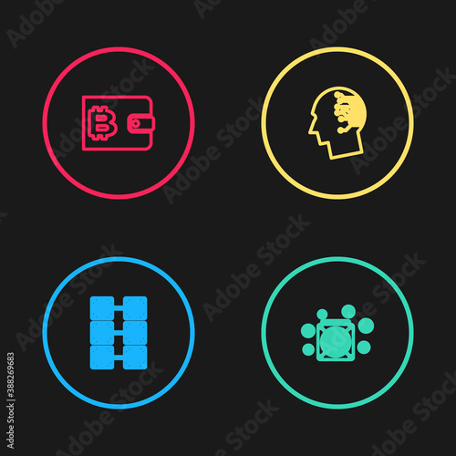 Set line Mining farm, ASIC Miner, Brain as digital circuit board and Cryptocurrency wallet icon. Vector.