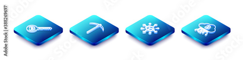 Set Isometric line Cryptocurrency key, Pickaxe, Distribution and cloud mining icon. Vector.