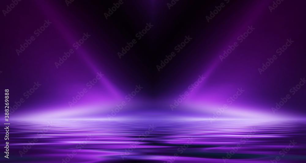 Abstract dark futuristic background. Ultraviolet neon light rays are reflected off the water. Background of empty stage show, beach party. 3d illustration Abstract dark futuristic background. Ultraviolet neon light rays are reflected off the water. Background of empty stage show, beach party. 3d illustration