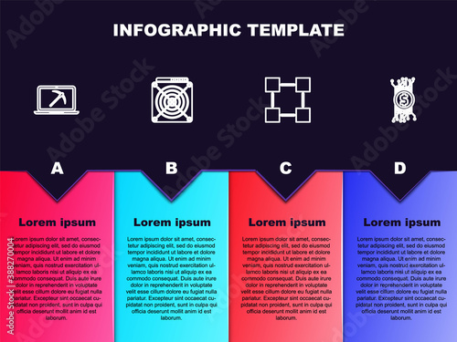 Set line Mining with laptop and pickaxe, ASIC Miner, Blockchain technology and Cryptocurrency bitcoin circuit. Business infographic template. Vector.