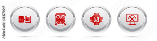 Set line Smart contract, ASIC Miner, CPU mining farm and Mining with monitor and pickaxe. Silver circle button. Vector.