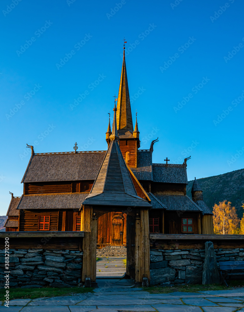 Obraz premium Historic wooden stave church built by Vikings in Norway. 