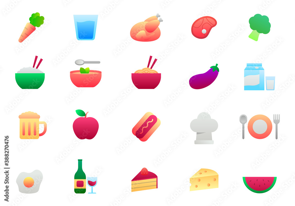 Set of gastronomy and food icons in gradient style. Simple foods vector illustration isolated on white background Set of gastronomy and food icons in gradient style. Simple foods vector illustration isolated on white background