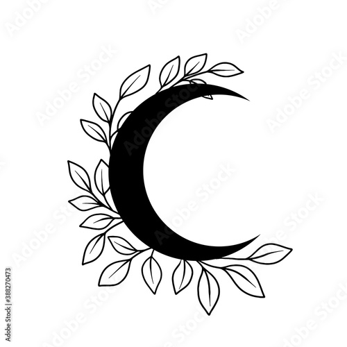 Floral moon vector frame. Tatoo doodle wreath. Boho celestial frame. Vector illustration