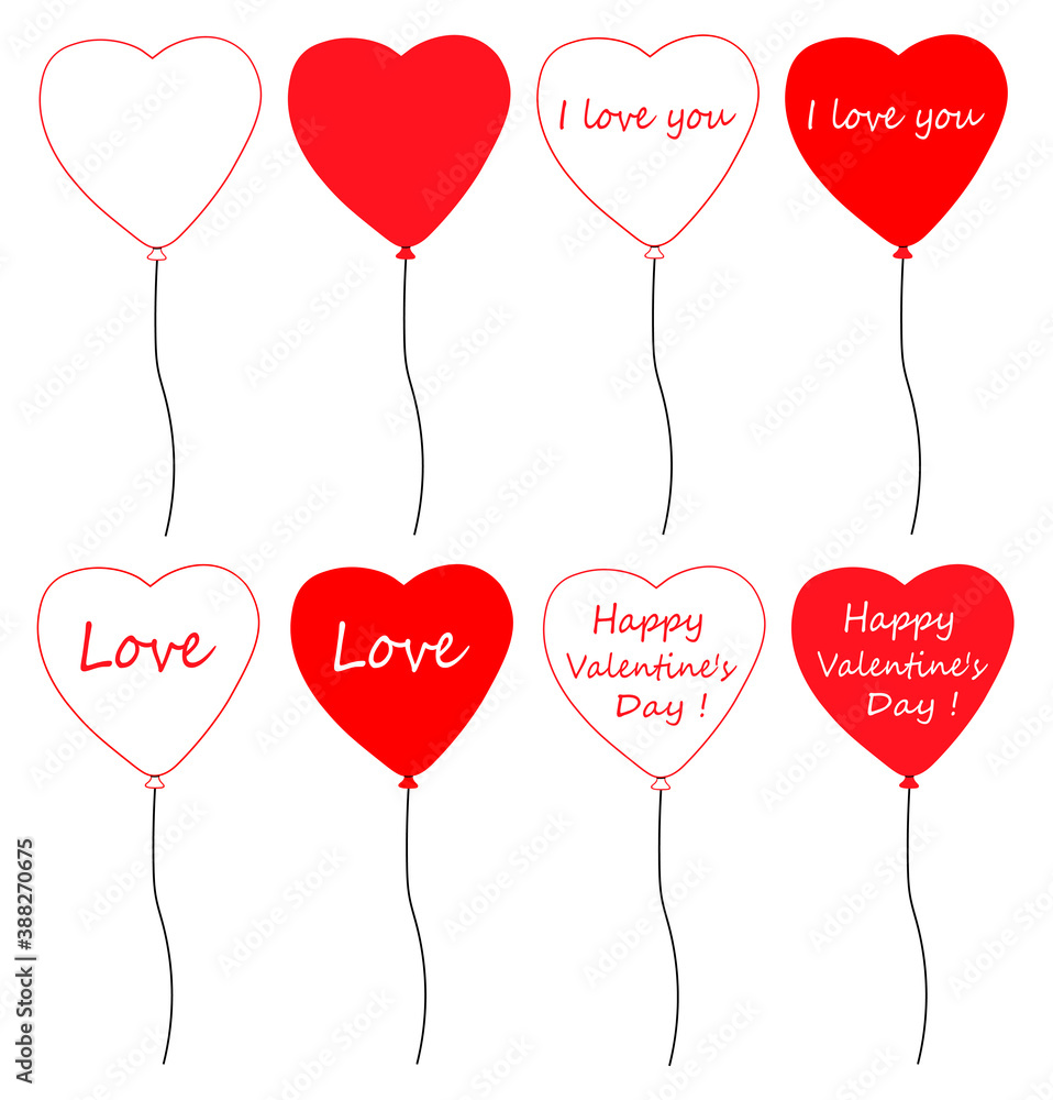 Set red balloons Valentine's Day with lettering vector illustration
