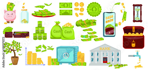 Color Flat Money Set vector, safe, coins, cash, investments, moneybox, wallet, dollar, cent, euro, pound sterling, generic currency symbol