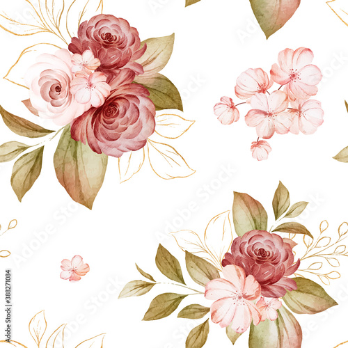 Floral seamless pattern of brown and peach watercolor roses and wild flowers arrangements on white background for fashion, print, textile, fabric, and card background.