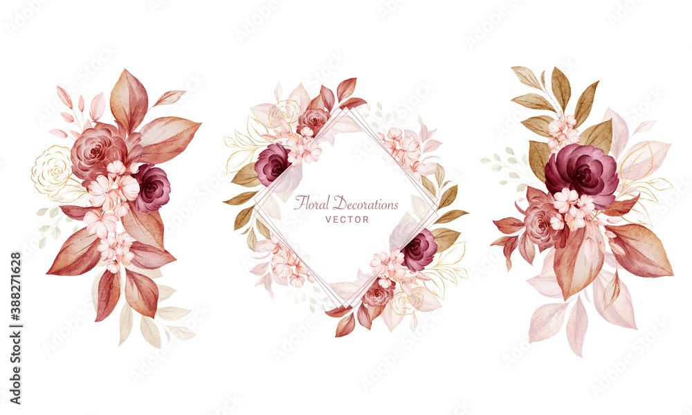 Set of watercolor floral arrangements of brown and burgundy roses and ...