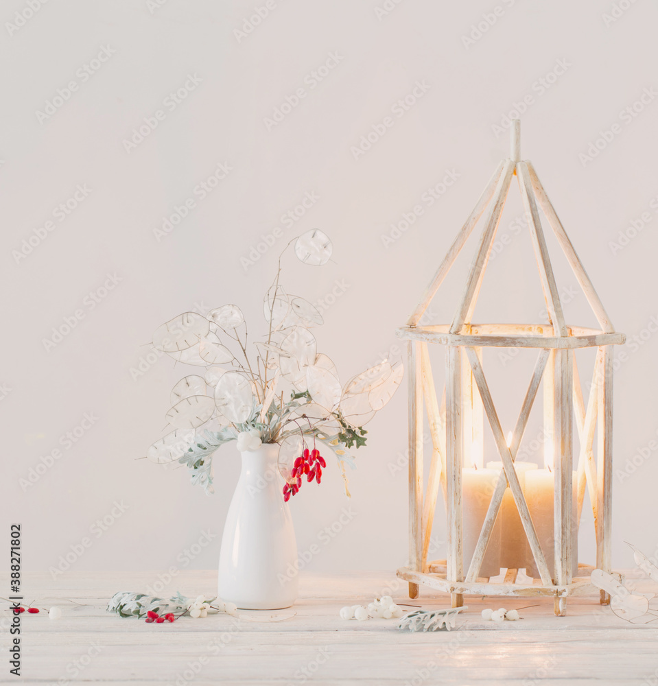 Christmas decorations on background white wall