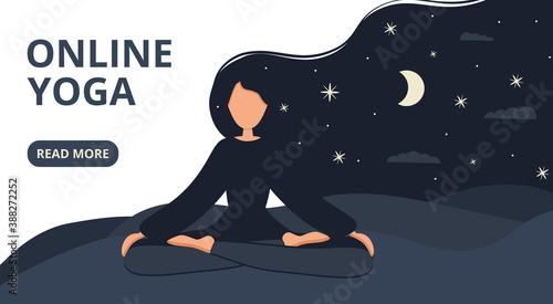Girl in yoga lotus practices meditation at night outdoor. Nature background with moon. Banner, card or landing page template. Vector illustration in flat style. Young woman meditating