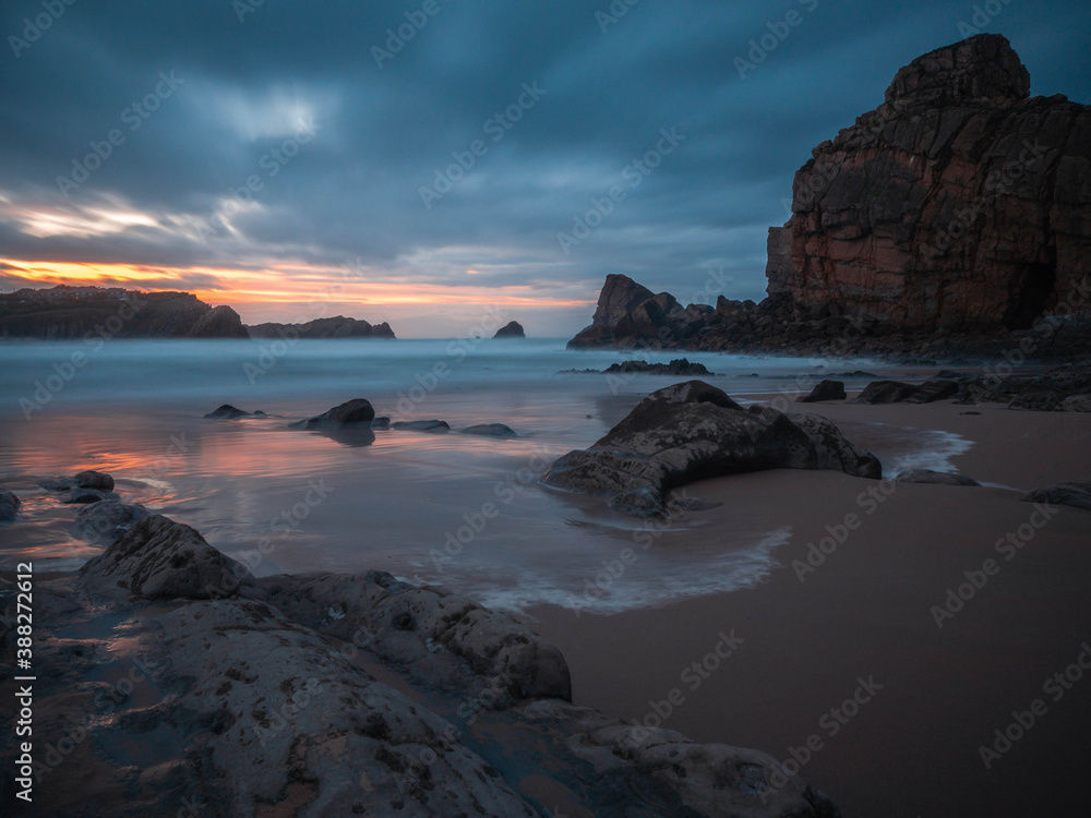 Landscape at sunset of Portio beach in Liencres, Cantabria, Spain.