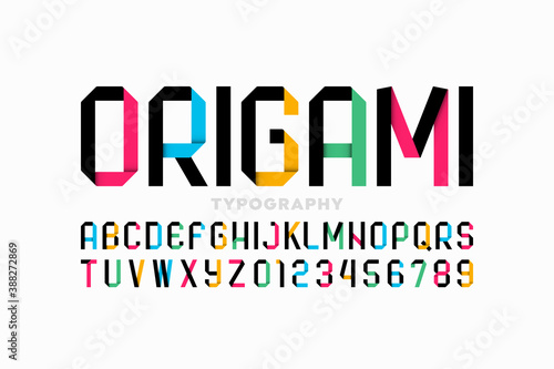 Origami style modern vivid font, paper alphabet letters and numbers vector illustration