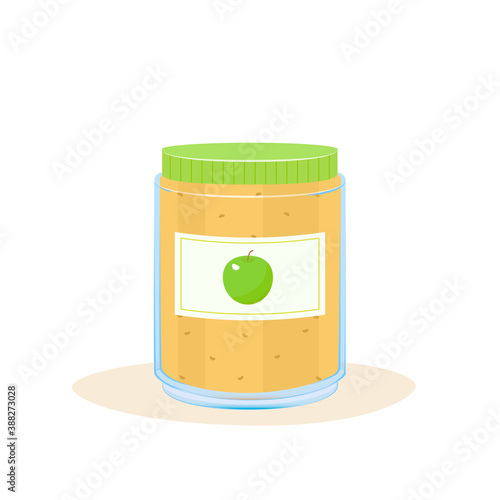 Glass jar of puree green apple isolated on white. Vector illustration of natural baby