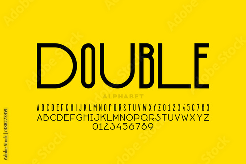 Modern sans serif font, condensed and wide style mixed together, alphabet letters and numbers vector illustration
