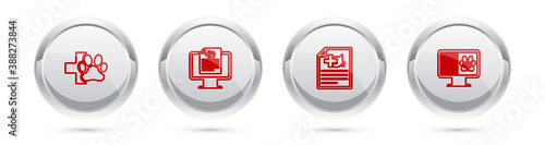 Set line Veterinary clinic, Clinical record pet on monitor, Medical certificate for dog cat and . Silver circle button. Vector.