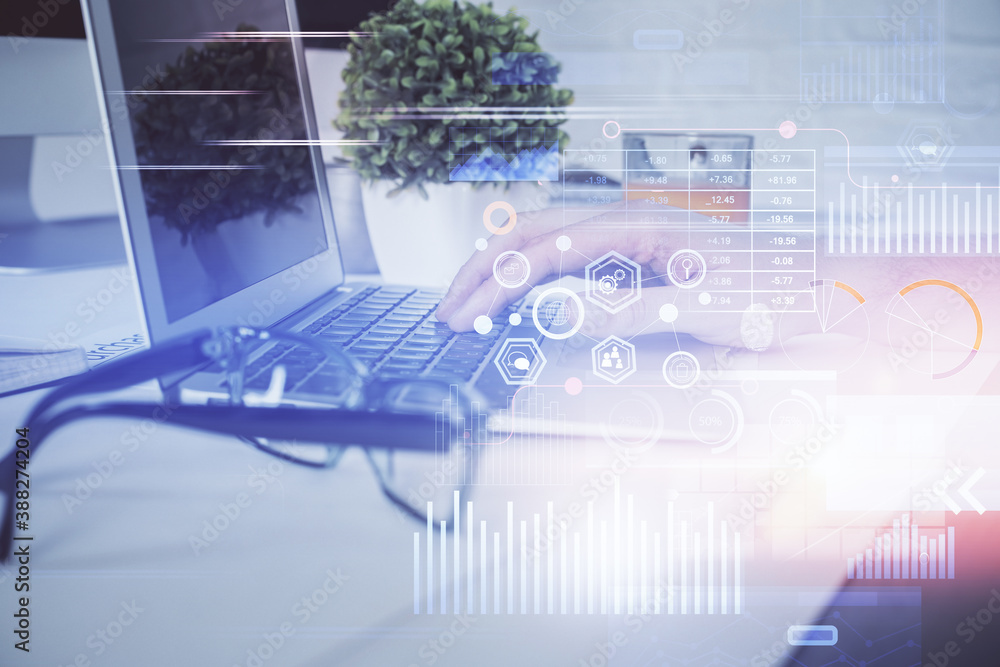Multi exposure of tech drawings with man working on computer background. Concept of innovation. Multi exposure of tech drawings with man working on computer background. Concept of innovation.
