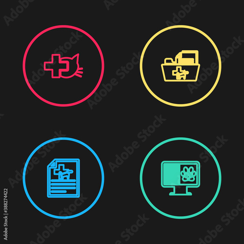 Set line Medical certificate for dog or cat, Clinical record pet on monitor, veterinary folder and Veterinary clinic icon. Vector.