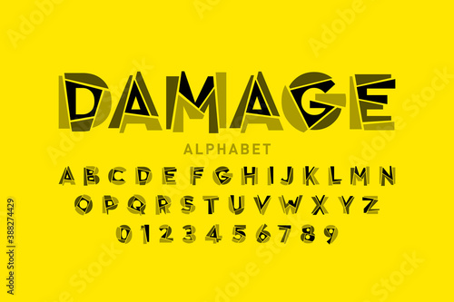 Damaged font, alphabet letters and numbers vector illustration