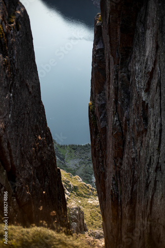 View of the lake below Kjeragbolten in Norway.