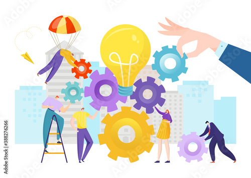 Business team people design idea, teamwork gear concept vector illustration. Success management work in company, man woman partnership strategy. Flat person communication in mechanism.