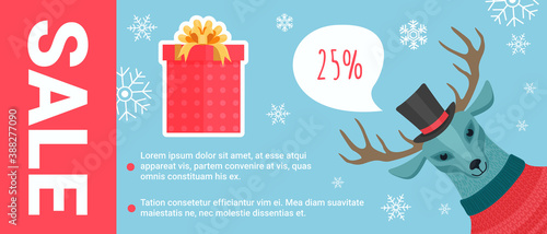 Christmas sale offers promotion vector illustration. Cartoon cute smiling deer in top hat among Xmas decoration snowflakes offering big Christmas sale, discount price in store promo banner background
